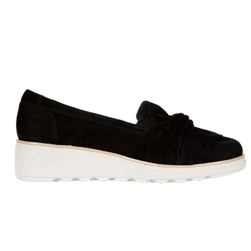 NEW Collection by CLARKS Sharon Dasher Black Suede Platform Loafers Size 6.5 M